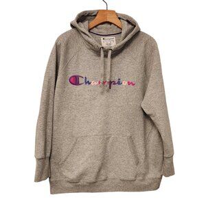 Vintage Womens Champion‎ Hoodie Gray Spellout Watercolor Pullover Sz 1X EUC